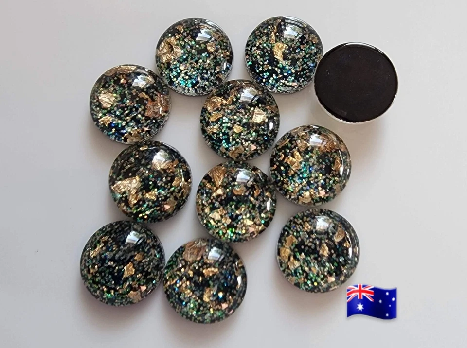 10 piezas 12 mm negro con motas doradas de color cabujón redondo respaldo plano Foto 1 de 1