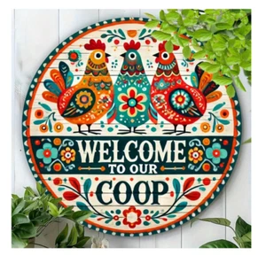Vintage 'Welcome To My Chicken Coop' Sign - 8X8 Inch Metal Tin Plaque With Flora - Picture 1 of 3