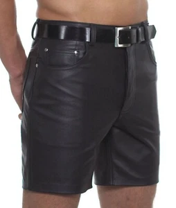 Men's Real Cowhide Leather Shorts Black Leather 5 Pockets Leather Shorts - Picture 1 of 5