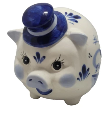 PIGGY BANK HOLLAND HAND PAINTED BLUE & WHITE WITH HAT / BONNET VERY RARE - Image 1 of 4