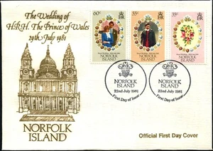 Juego de 3 estampillas de boda real de la Isla Norfolk 1981 portada de primer día, en muy buena condición - Imagen 1 de 1