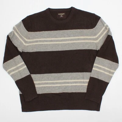 EXPRESS Lambs Wool Sweater Men's Size L Large Brown Striped Crew Neck Preppy - Image 1 of 4