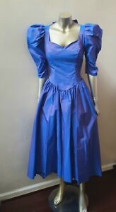 80S BLUE TAFFETA STRUCTURED VTG BOW IRIDESCENT PINK CUT OUT BOW PARTY DRESS sz M