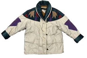 Women’s Puffy Jacket Coat Size Large Suede Patch Accents Vintage Mulberry Street - Picture 1 of 12