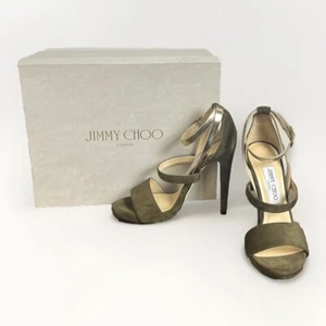 Jimmy Choo | Wildleder, 3 Riemen, Plateau Absatz | Khaki Grün/Gold | IT38,5 | Neu mit Etikett - Bild 1 von 10