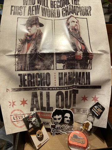 All Out Poster, Sticker, Ear Buds, Pin, & Key Chain All Elite Crate AEW Lot Cover