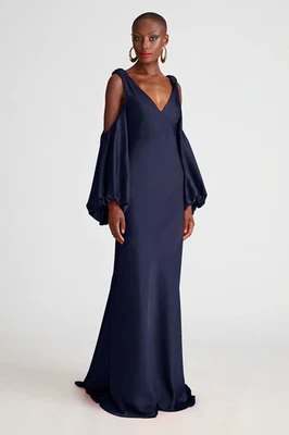 Vestido Binnie Halston Para Mujer Azul Marino Satinado Hombro Frío Manga Globo Talla 6 $595 Foto 1 de 4