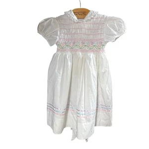 Polly Flinders Size 4 Hand Smocked Dress White Cotton Floral Embroidery 1980s - Picture 1 of 10