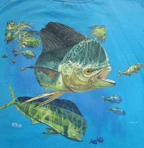 Vintage T-Shirt WILD GEAR blau Größe L mit Tasche Fisch Ozean Grafik - Bild 1 von 7