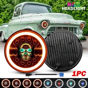 7" RGB LED Headlight SKULL Halo Angel Eyes DRL fit Chevy Camaro Pickup Truck C10 - Picture 1 of 24