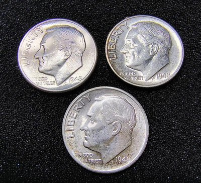 1948 P D S - Roosevelt Dime (3 -Coin Lot) - Light Toning - 90% Silver - BU Cond. - Image 1 of 4