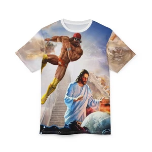 WWE Macho Man Randy Savage vs Jesus Christ T-Shirt, Graphic Tee, Retro Wrestling - Picture 1 of 8