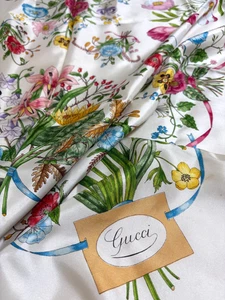 GUCCI Flora Silk Scarf White Multicolor Floral Print 33.9in Vintage - Picture 1 of 21