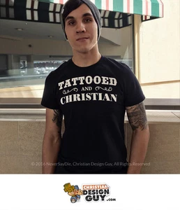 TATTOOED AND LOVED BY GOD Christian T-Shirt Gift Tee Mens Jesus TATTOO BIKER NEW - Picture 1 of 3