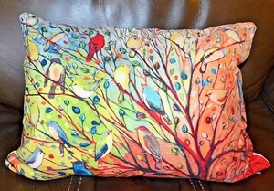 PRETTY SONG BIRDS SITTING IN TREE COUCH PILLOW, 15" W X 10" H, REMOVABLE COVER - Picture 1 of 4