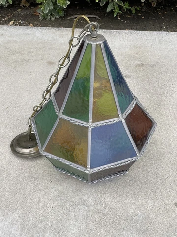 Vintage Mid Century Modern Stain Glass Hexagon  Pendant Light Fixture Cover