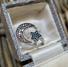 925 Sterling Silver Ring, Moon and Star,Champagne and Blue Diamonds, Size S US 9