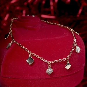 18k yellow gold crystal 4-leaf clover Shamrock link cable chain slim bracelet - Picture 1 of 11