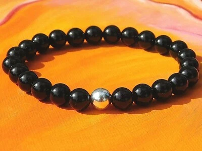 Da Uomo/ Donna 8mm Artigianale Gemma & Argento Bracciale con Perline - Nero - Immagine 1 di 3