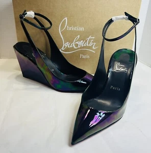 NEW SEASON CHRISTIAN LOUBOUTIN CONDORAGE ANKLE STRAP WEDGE BLACK PAT. LEATHER 38 - Picture 1 of 18