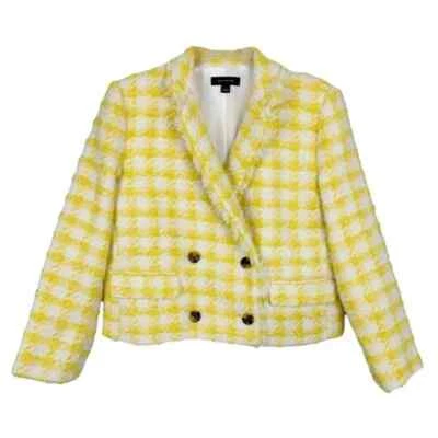 Ann Taylor | Yellow Plaid Fringe Tweed Double Breasted Jacket 4 - Image 1 of 4