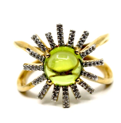 14K Solid Yellow Gold Starburst Peridot & Diamond  Statement Ring Sz 6.75 - Image 1 of 4