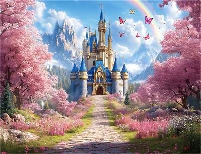 10x8ft Pink Butterfly Cherry Blossom Magic Castle Photo Background Studio Props - Image 1 of 4