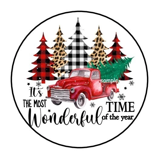 PARTYMOMMY 30 CHRISTMAS ENVELOPE SEALS LABELS STICKERS 1.5" ROUND CLASSIC RED TRUCK TREES