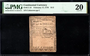 Continental Currency Fr#CC-21 February 17, 1776 $1/2 PMG 20 *Fugio Note* - Picture 1 of 4