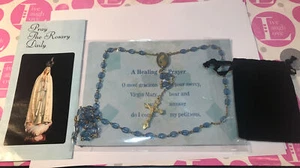 Rosary Beads with BLUE Beads and GOLD Tone Metal W/"Black Rosary Velvet bag" #A7 - Picture 1 of 9