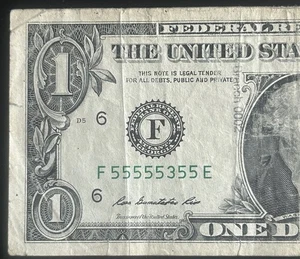 (NEAR SOLID!) $1 Binary Near Solid 7 Of A Kind Fancy Serial Number F55555355E - Picture 1 of 3