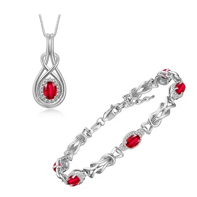 RYLOS  SILVER RUBY & DIAMOND LOVE KNOT BRACELET & PENDANT MATCHING SET - Image 1 of 4