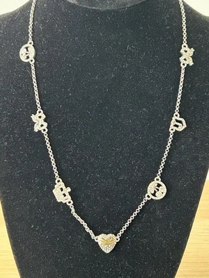 Juicy Couture Station Charm Necklace Crystal Heart Crown Bows Silver Tone - Image 1 of 4
