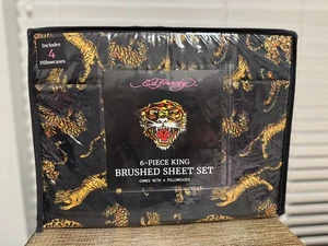 Ed Hardy King Size 6 pc Sheet Set Tiger Print Black Soft Breathable  - Picture 1 of 3