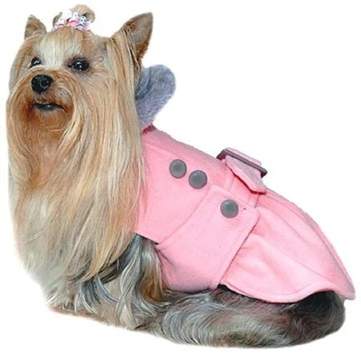 Casaco de cachorro rosa claro com cinto com colarinho de pele sintética cinza tamanho médio - Imagem 1 de 2