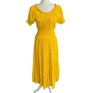 Sakkas Cotton Crepe Smocked Peasant Gypsy Boho Renaissance Maxi Butter Yellow - Picture 1 of 15