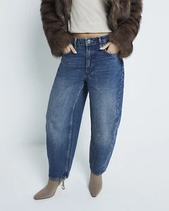 River Island Womens Barrel Jeans Petite Blue Seamed Denim Trousers Pants Bottoms - Picture 1 of 11