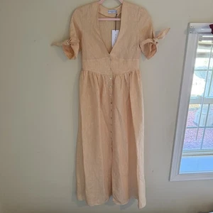Harshman Maxi Dress Peach Tie Cuff Sleeves 100% Linen Size Small NWT - Picture 1 of 9