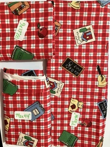 Lot of 4 Fabric Scraps School Books Cat Apple Bell on Red Plaid Susan Winget '95 - Picture 1 of 2
