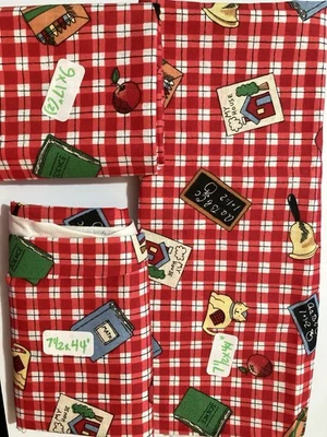 Lot of 4 Fabric Scraps School Books Cat Apple Bell on Red Plaid Susan Winget '95 - Image 1 of 2