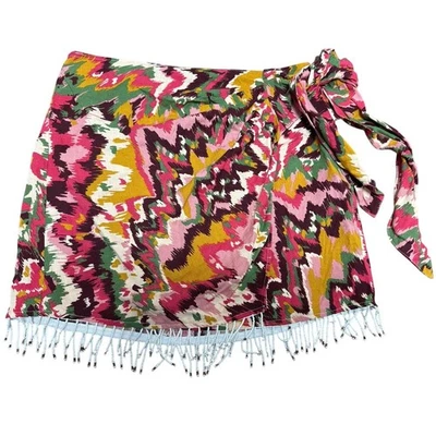 Zara Beaded Fringe Mini Tie Wrap Skirt Women's Size Small Abstract Multicolor  - Image 1 of 4