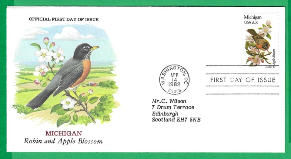 USA ~ STATE BIRDS & FLOWERS ~ MICHIGAN ROBIN & APPLE BLOSSOM ~ 14th APR 1982 - Image 1 of 1