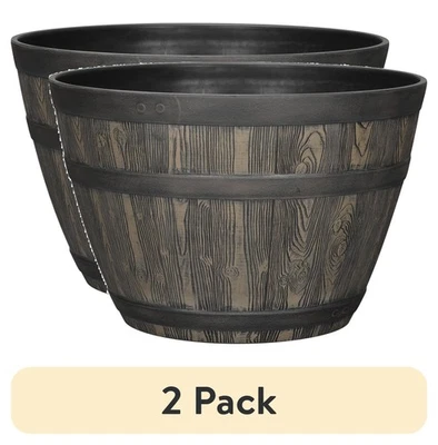 (2 包)Better Homes & Gardens Barrel 棕色树脂种植器,19.9 x 19.9 x 13 英寸 — 第 1/4 张图片