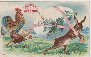 Roosters Chasing Bunny Rabbit Carrying Easter Egg Postcard - Picture 1 of 2