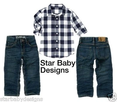 NWT Gymboree SKI CABIN Outfit Blue Check Shirt, Jeans, Adj Waist, Size 12 - Image 1 of 4