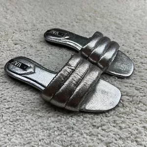 Zara Sandals Silver Metallic Crackle Quilted Slides Womens EU 41 US 9.5 Slip On - Picture 1 of 7