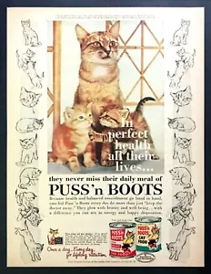 1960 Mamá y gatitos esperando Padre Arte Botas Gato Comida De Colección Anuncio Impreso - Imagen 1 de 1