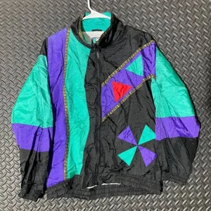 Vintage 2B Active Track WindBreaker Black Geometric Full Zip Jacket Women 2p - Picture 1 of 7