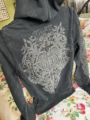 Sinful Affliction Rhinestone Bling Cross Full Zip Black Hoodie Women’s Size Sm - Image 1 of 4