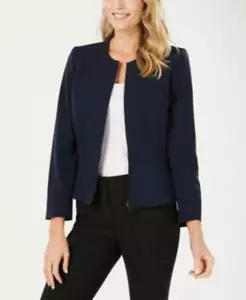 Tahari Asl Womens Navy Collarless Peplum Zip Jacket Sz 4 TINI {&} - Picture 1 of 4